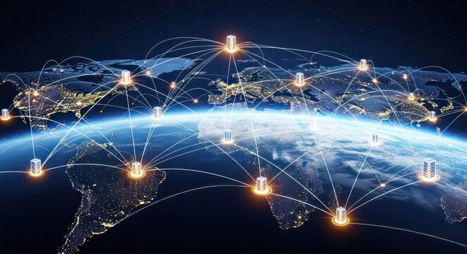 A Luminous Web of Global Data Servers Connecting Earth's Continents at Night - Powered by Adobe