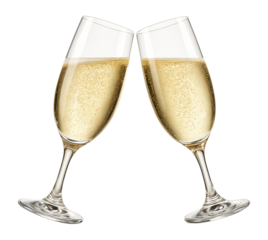 Two champagne glasses clinking together, filled with bubbly sparkling wine on transparent background.