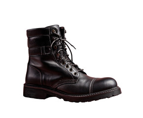 Side view of a black leather work boot.  High-top, sturdy construction, laced-up design with buckles.  Dark background