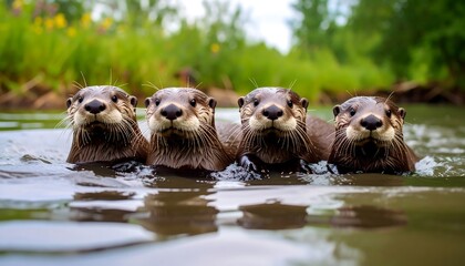 Charming family of otters swimming in a river with lush green vegetation