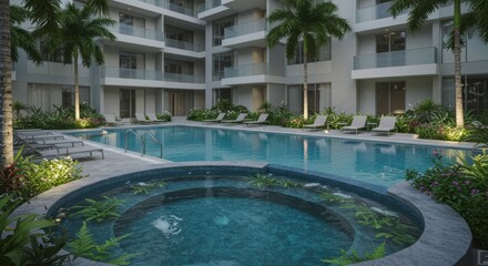 Tranquil evening at a modern apartment complex pool and hot tub