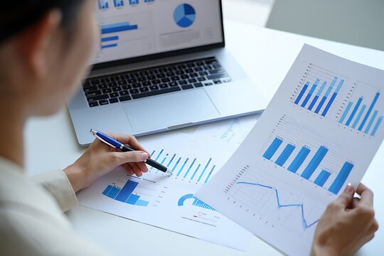 Close up of a person reviewing financial charts and graphs on paper and a laptop screen analyzing data and making notes