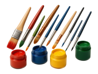 A variety of paintbrushes and open jars of colorful paint, including red, blue, yellow, and green, arranged neatly on transparent background.