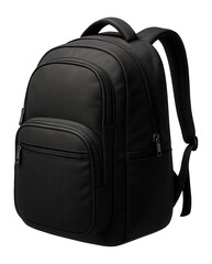 Naklejka premium Sleek black backpack with multiple zippered compartments and adjustable straps on transparent background.