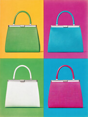 Vintage style colorful handbags in green, blue, white, and pink with vibrant backgrounds