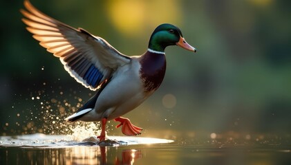Obraz premium Vibrant drake mallard takes flight, iridescent feathers gleaming , takeoff, spring, green
