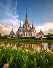 Naklejka premium Temple reflected in tranquil pond, sunset