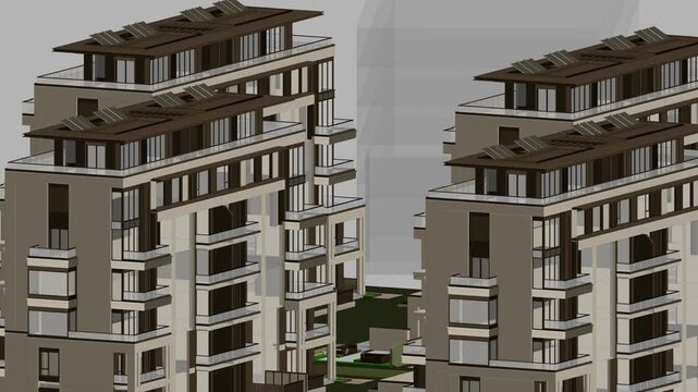 Animation of a Generic Apartment Building with solar panels on top, Seamless Looped Animation, 3D rendering	