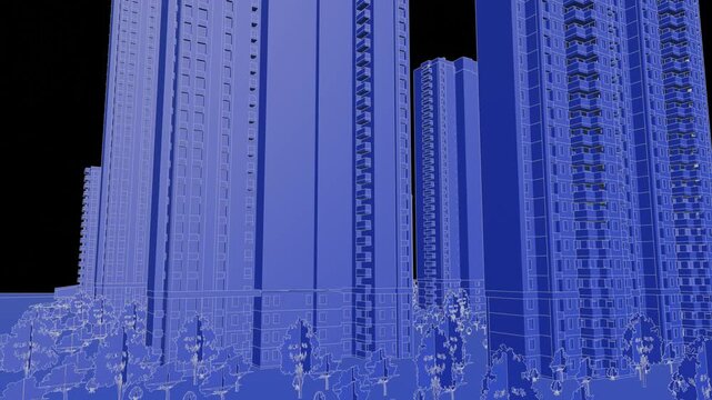Animation of a Generic Apartment Complex, Seamless Looped Animation, 3d blueprint linework
