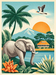 Vintage style illustration of elephant near water with tropical plants and sunset