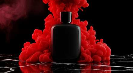 Short Designer Black Bottle with Red Smoke on Marble Surface in Dark Studio Setting