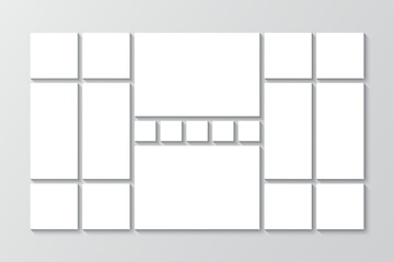 Abstract forms grid. Moodboard images banner. Portfolio gallery. Photo collage template. Mosaic pictures frame. Album brandboard. Mood board layout. Retro background. Vector illustration