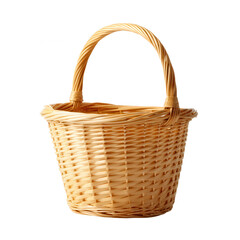 Obraz premium A beautifully woven wicker basket with a sturdy handle against a white background, perfect for home decor, storage, or as a gift container.