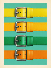 Colorful leather belts with metal buckles arranged in neat vertical pattern on teal background