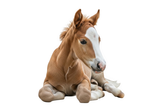 A cute brown foal lying down and looking to the side, isolated on transparent background