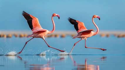 Two Pink Flamingos Running Through