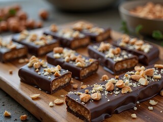 Chocolate-Dipped Almond Toffee Bars: A neatly arranged toffee bar collection dipped in dark chocolate and sprinkled with toasted almonds, served on a wooden board for a gourmet dessert menu.