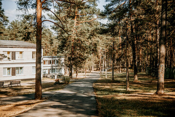 Old brick buildings Soviet pioneer camp on territory of desert pine forest park