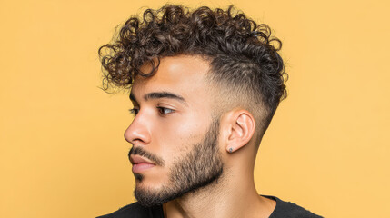 Curly hair young man with beard and earring looking sideways with calm expression