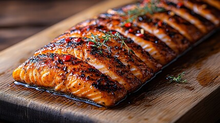 Slices of grilled salmon with herbs and spices on a wooden board.