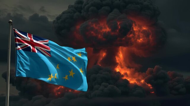 Animation of the flag of Tuvalu waving against a massive fiery explosion. This footage can symbolize conflict, crisis, war, or existential threats like climate change and rising sea levels.