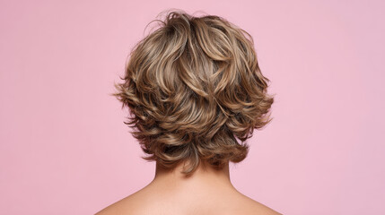 Blond wavy hair on back of head with layered haircut and soft texture on pink background
