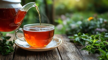 Hot tea being poured into a glass cup.