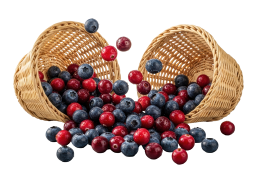 Red cranberries and blue blueberries spill from overturned wicker basket, frozen mid-air with water droplets on a clean grey surface, blurred white background. Concept of freshness and dynamic motion