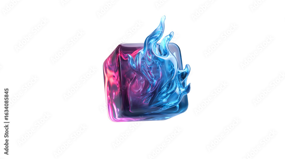 Aufkleber striking translucent cube with fluid flame emerging, dynamic composition on transparent background