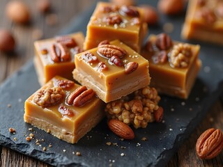 Nut-Stuffed Toffee Pieces on Slate Plate: Top-down view of handmade toffee pieces filled with mixed nuts like pecans, walnuts, and almonds, arranged aesthetically on a slate plate for a luxury dessert