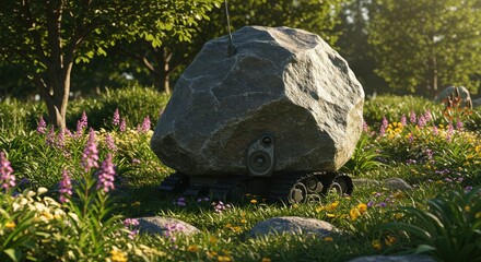 Naklejka premium A robotic boulder in a lush garden setting