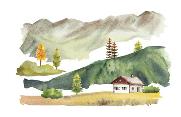 Hand painted watercolor Alpine mountains landscape background, modern pastel coloured texture. Natural background for touristic greeting cards, banners and social media