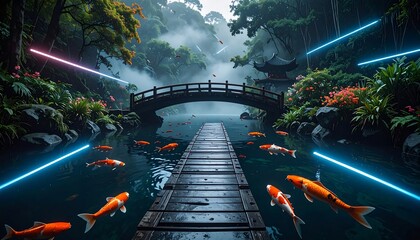 Koi Fish Swimming in Pond with Bridge and Lush Greenery
