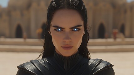 Close-up portrait of a strong female figure.