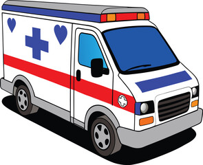 Cartoon illustration of a white ambulance with blue and red accents and hearts.
