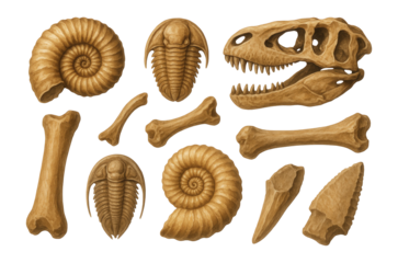 Collection of illustrated dinosaur bones, trilobites, ammonites, and fossils on transparent background.