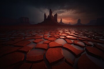 Dried, cracked earth,  ancient rock formations,  sunset