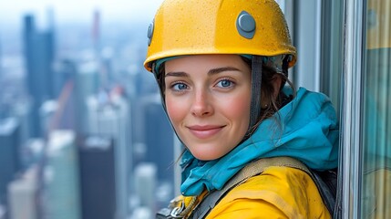 Young woman in safety gear with cityscape view.