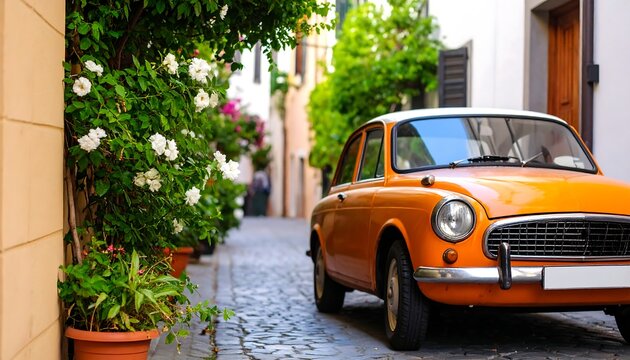 Fototapeta Orange vintage car parked on a cobblestone street, flanked by flowering plants