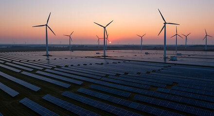 Stunning aerial view of sunset over wind turbines and solar panels offering sustainable energy solutions
