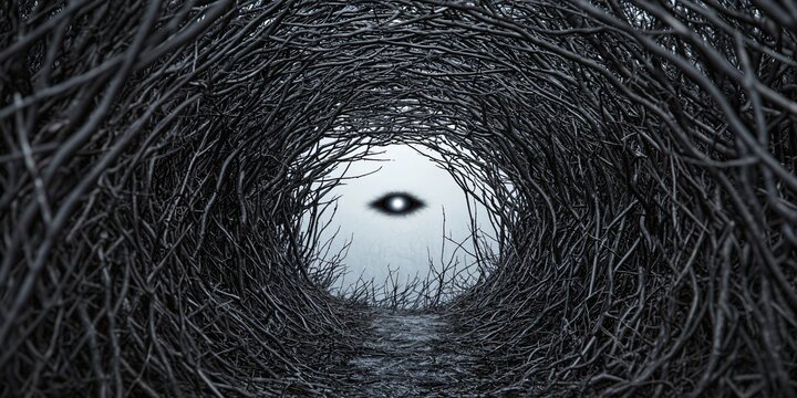 A cinematic spooky haunted forest halloween background. A dense, thorny thicket of bushes and vines blocks a path, with a single, unnaturally glowing eye visible from deep within.