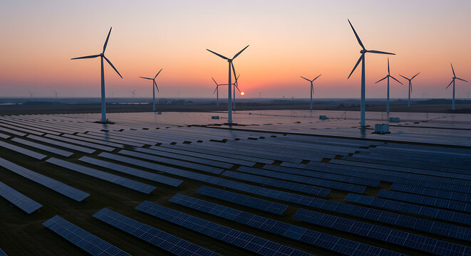 Stunning aerial view of sunset over wind turbines and solar panels offering sustainable energy solutions - Powered by Adobe