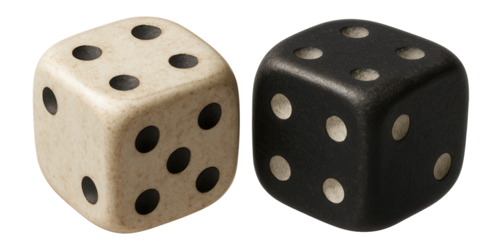 A pair of dice, one white with black dots and one black with white dots, showing the number four on transparent background.
