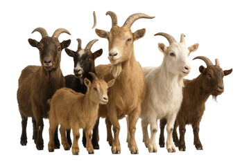Fototapeta premium A group of six goats with diverse coat colors and horn shapes standing together on transparent background.