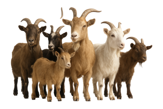 A group of six goats with diverse coat colors and horn shapes standing together on transparent background.