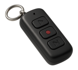 Black remote control with three buttons and keyring loop on transparent background.