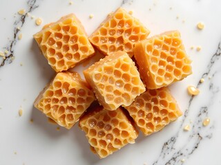 Honeycomb Toffee Crunch on Marble: Overhead image of honeycomb-style toffee pieces with golden crunchy texture and light air bubbles, placed on a clean white marble background for visual contrast.