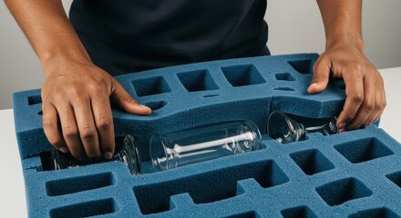 Hands carefully placing glassware in protective foam packaging