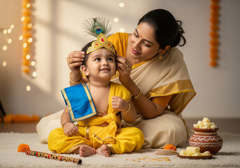 Loving Indian Mother Dressing Her Son as Lord Krishna for Janmashtami Festival.