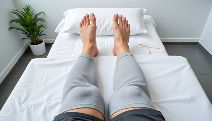 Knees wearing neutral-grey compression sleeves on sterile exam bench  